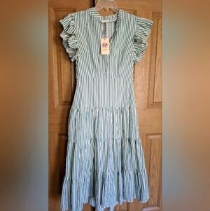 💚 NWT ENTRO Green/Cream Striped MIDI Dress w/ Ruffled Cap Sleeves